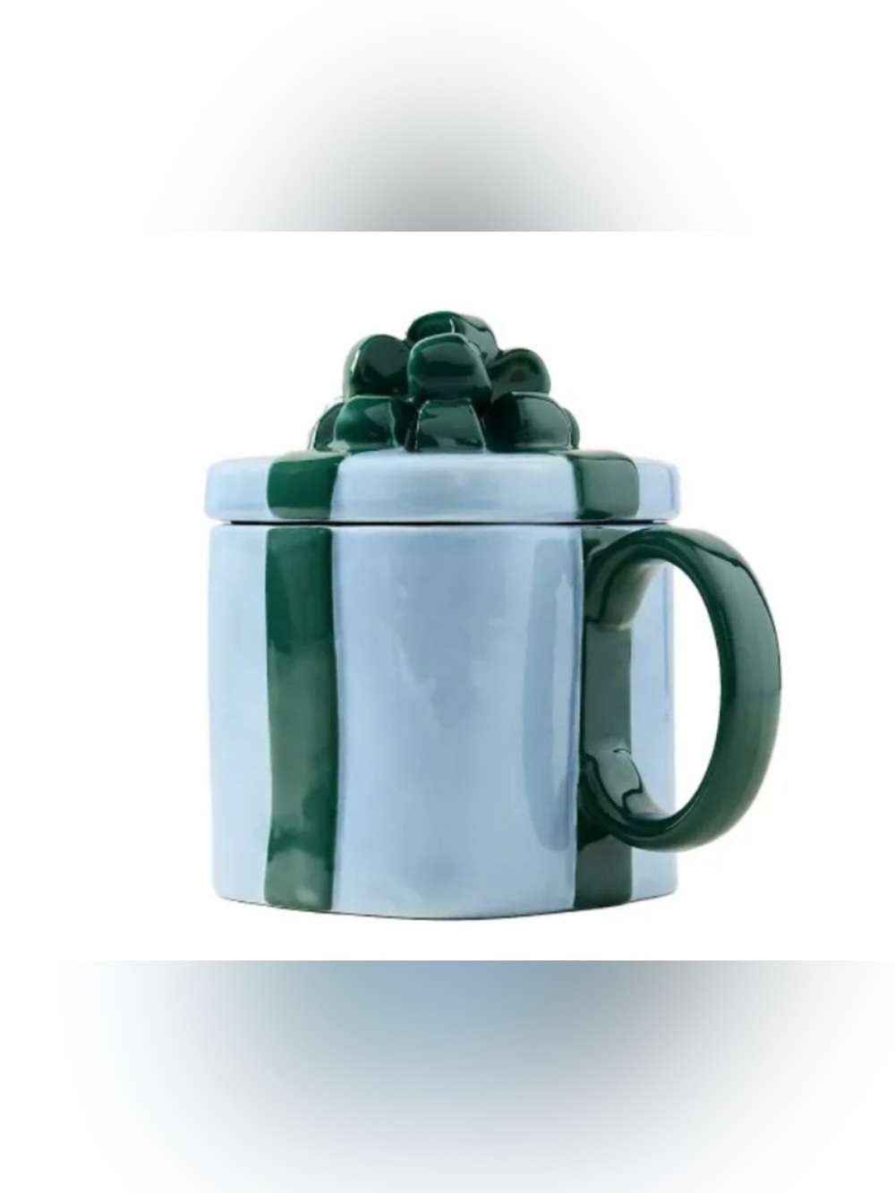Anthropologie Ceramic Gift-Box Mug with Lid in Light Blue and Dark Green